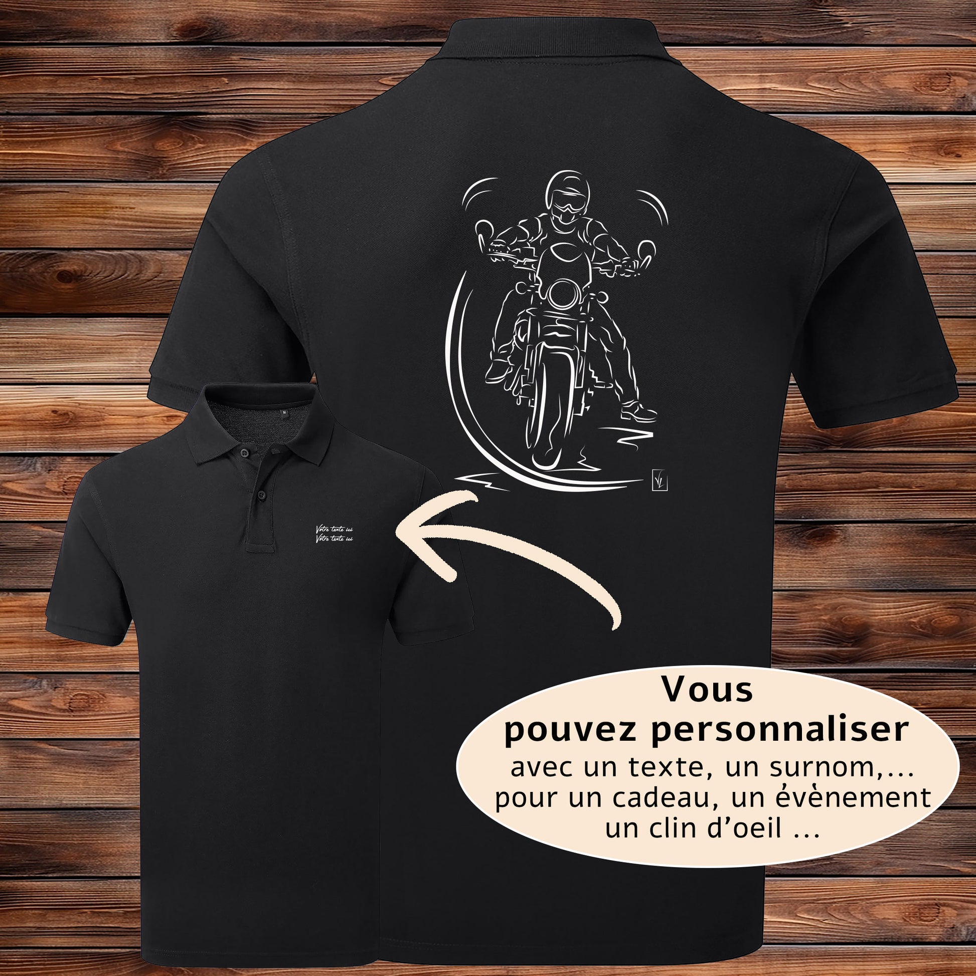 Polo La Pause du Motard noir homme personnalisable - Graphisme exclusif scène motard - Polycoton 200g/m²
