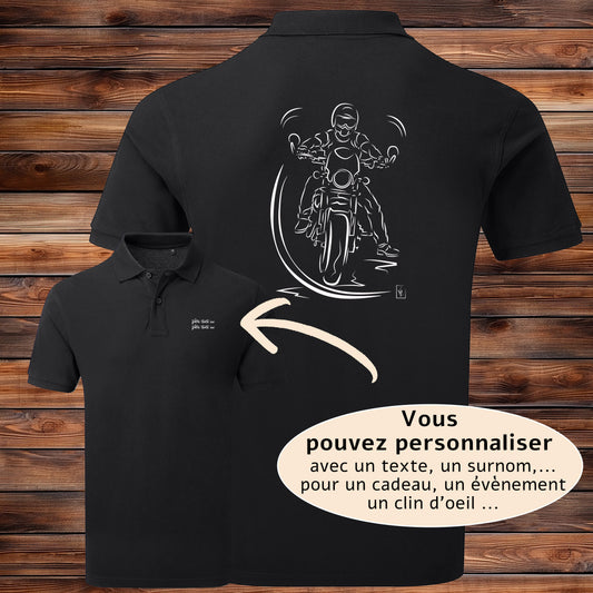 Polo La Pause du Motard noir homme personnalisable - Graphisme exclusif scène motard - Polycoton 200g/m²
