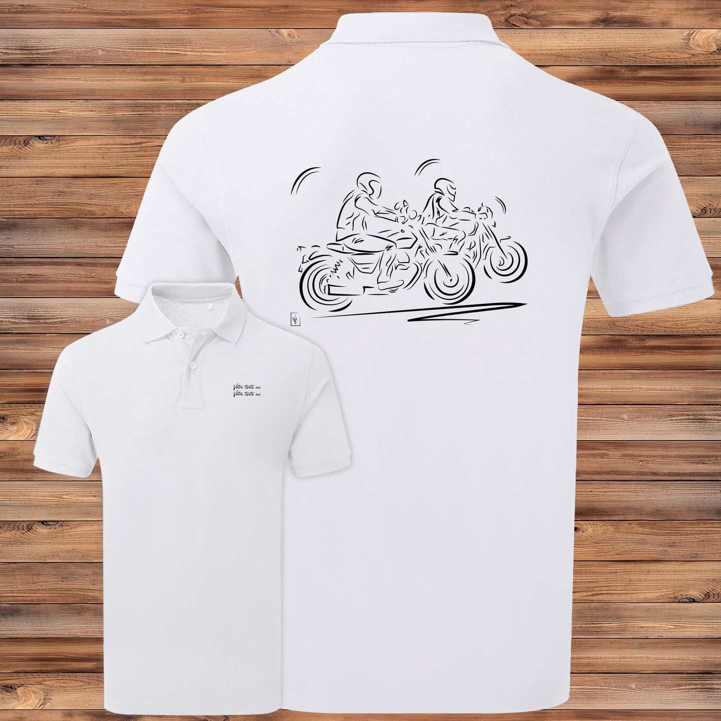 Polo Duo de Motard blanc homme personnalisable - Graphisme couple motard balade - Polycoton 200g/m²
