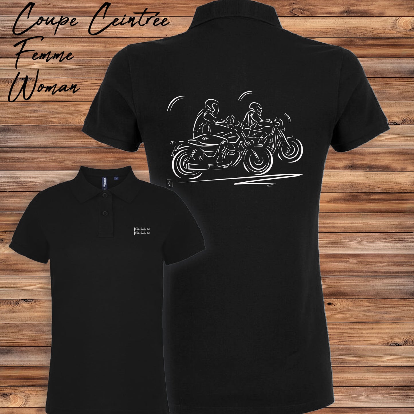 Polo Duo de Motard noir femme personnalisable - Graphisme duo motard complicité - Coupe ajustée polycoton
