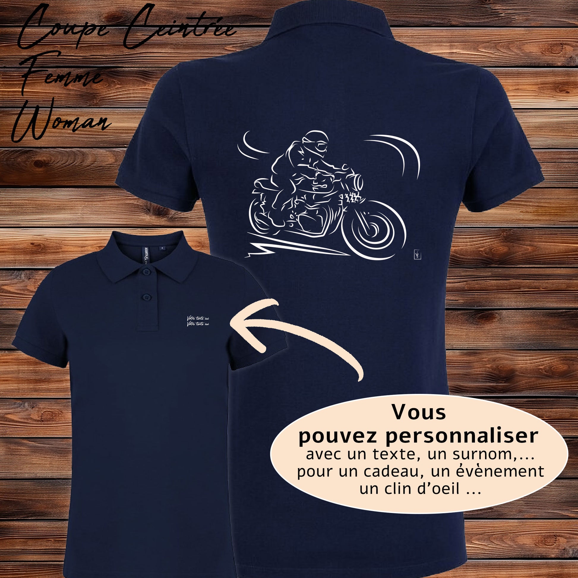 Polo Moto Ancienne Vintage bleu femme personnalisable - Graphisme exclusif motard vintage - Coupe ajustée polycoton 200g/m²

