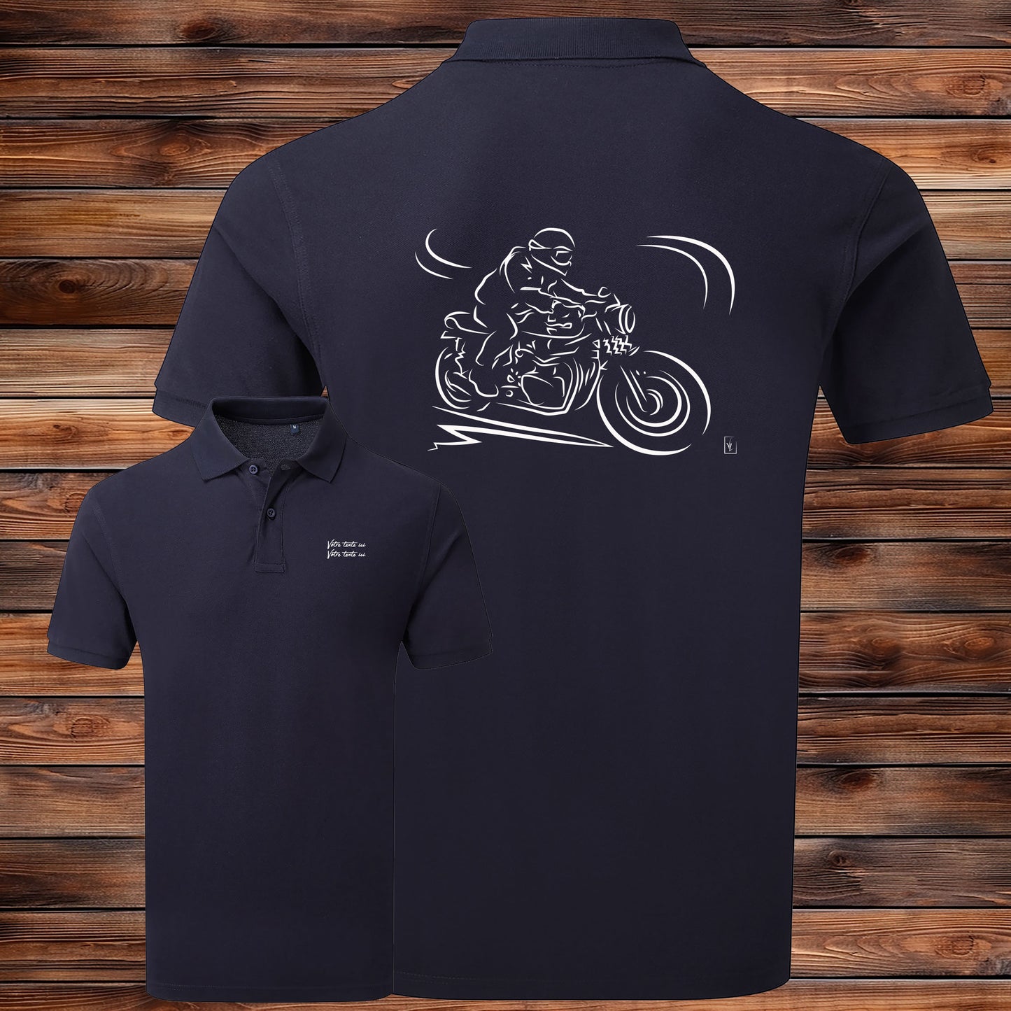 Polo Moto Ancienne Vintage bleu homme personnalisable - Design exclusif Virginie Linard - Polycoton confort
