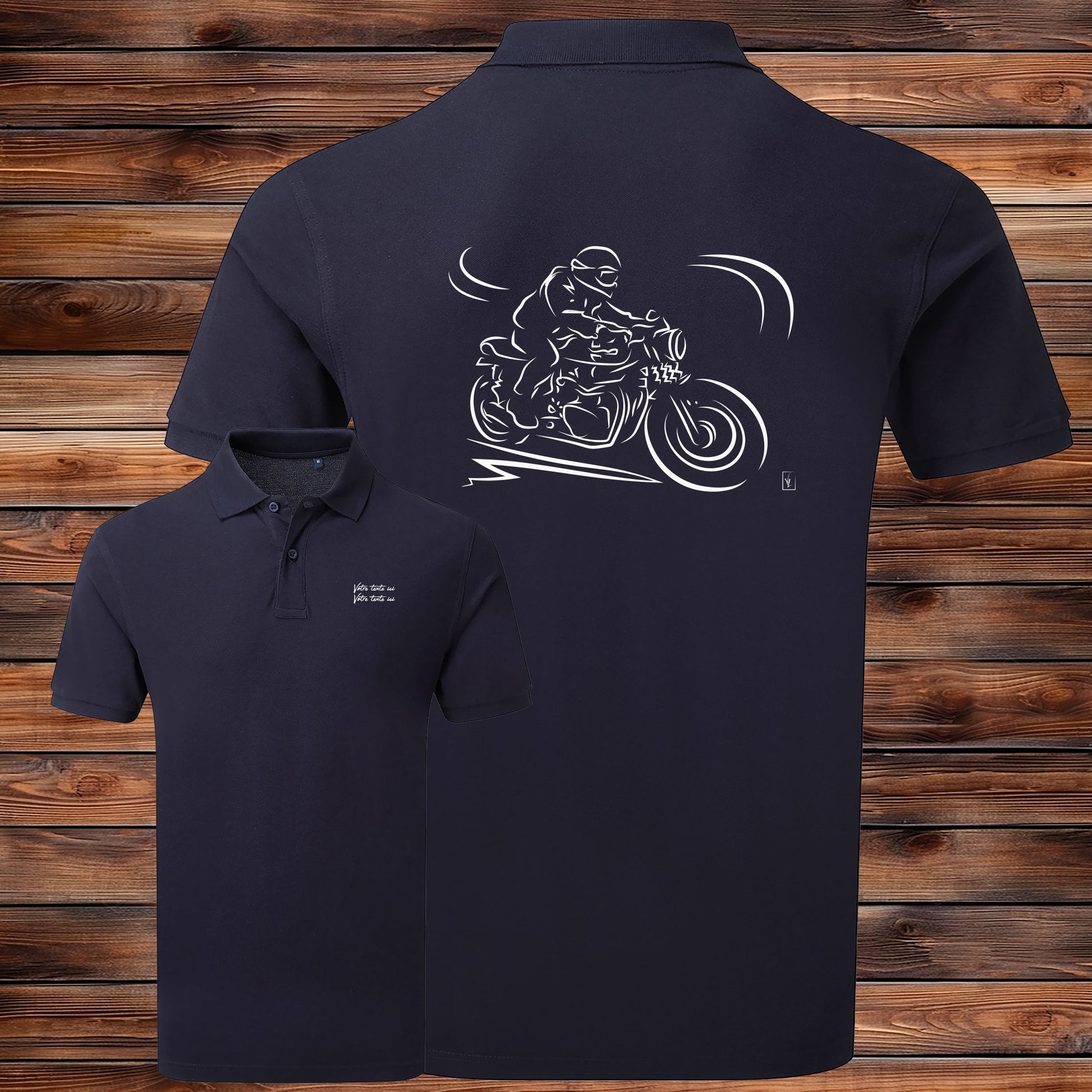 Polo Moto Ancienne Vintage bleu homme personnalisable - Design exclusif Virginie Linard - Polycoton confort
