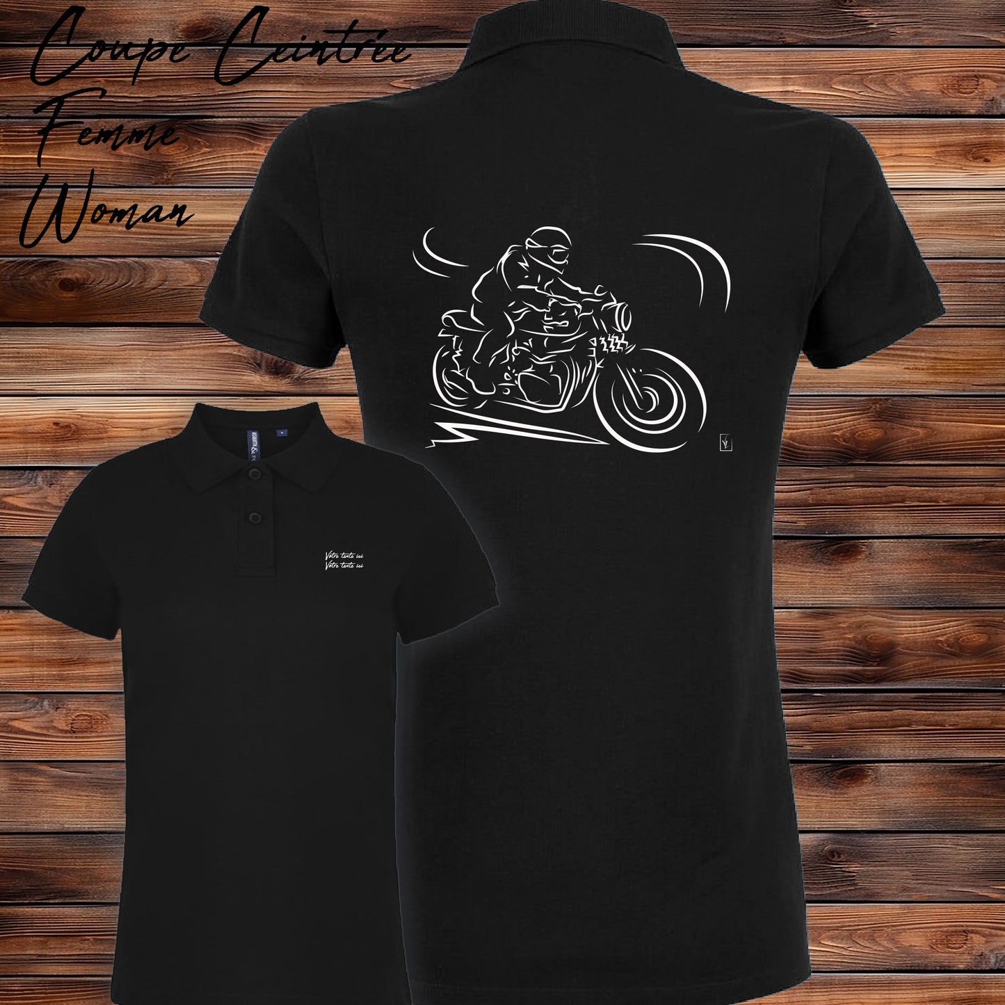 Polo Moto Ancienne Vintage noir femme personnalisable - Graphisme motard classique - Coupe ajustée polycoton
