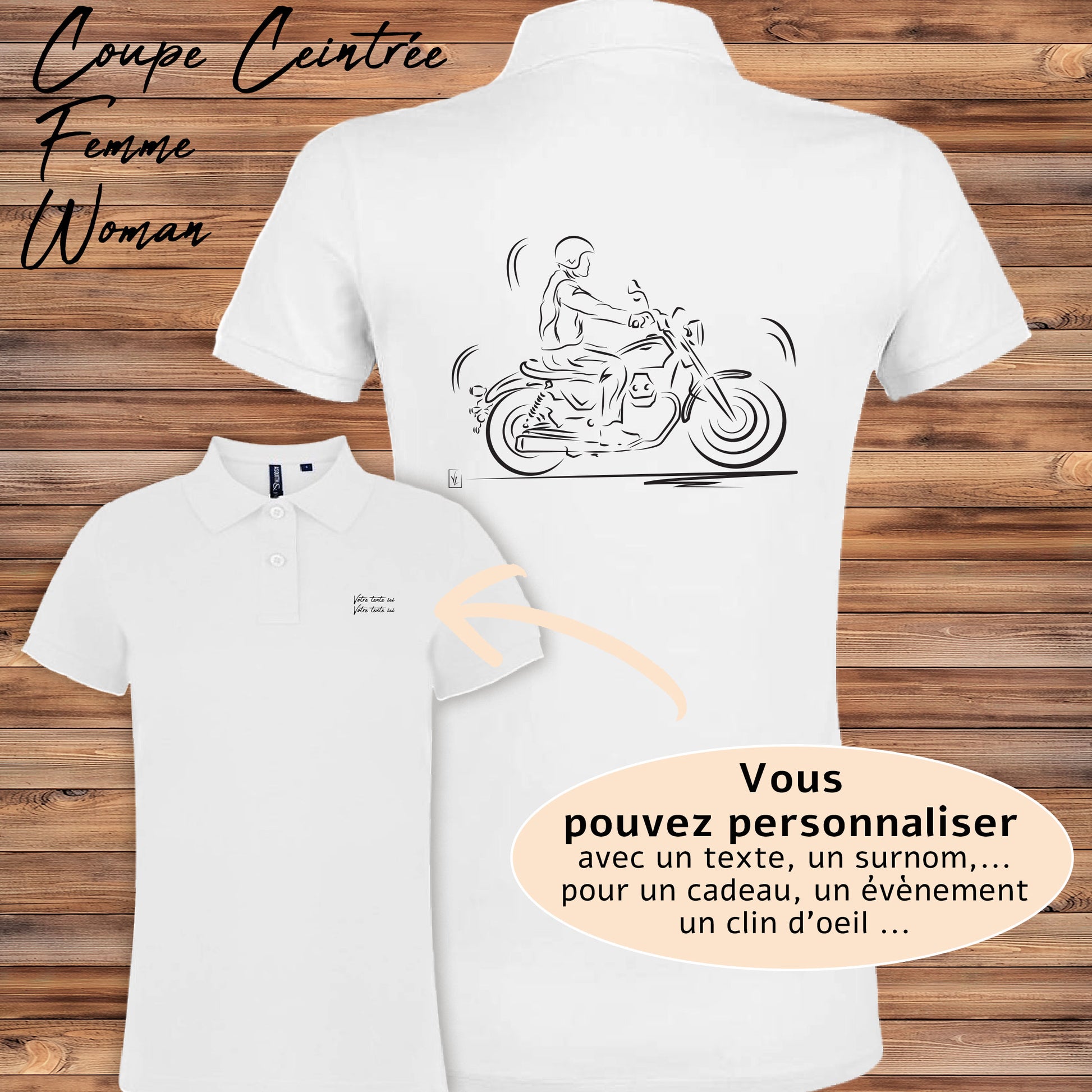 Polo Balade en Moto homme personnalisable - Graphisme exclusif Virginie Linard - Cadeau original motard
