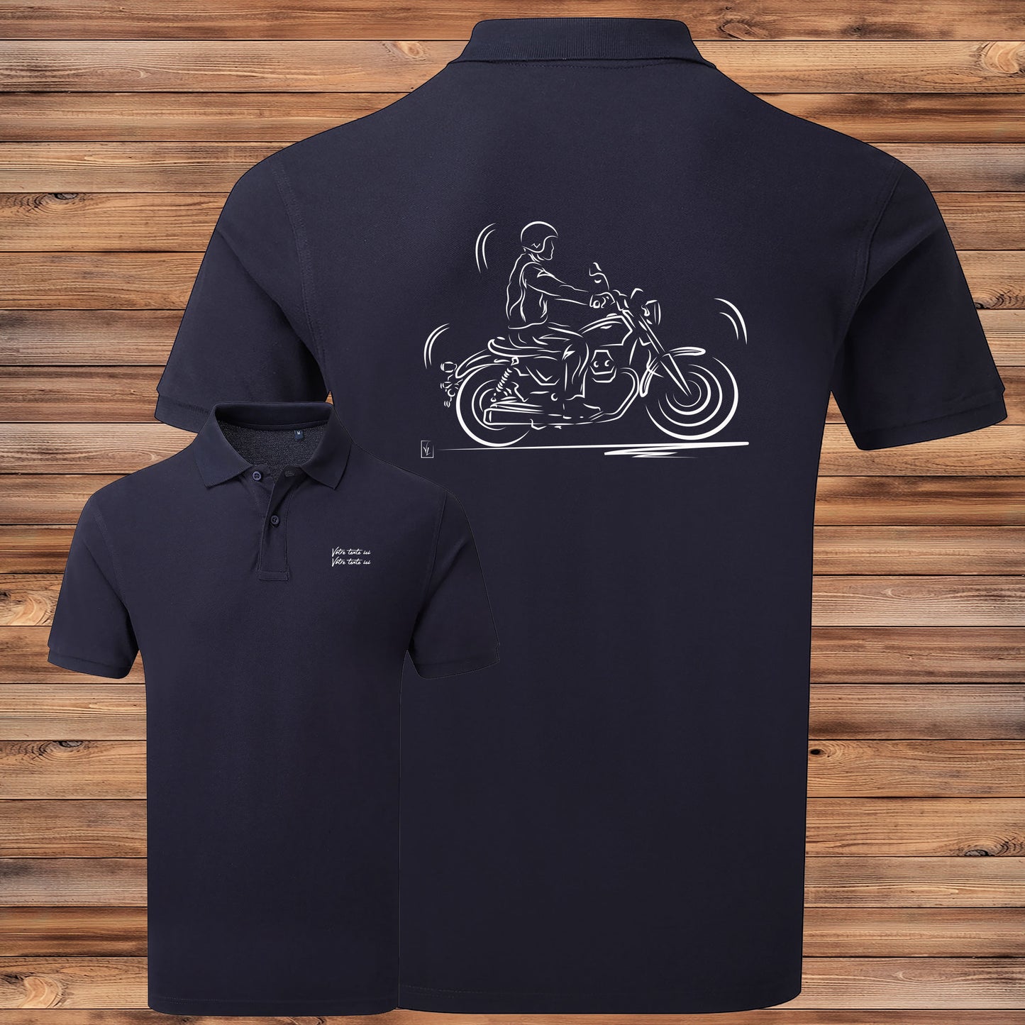 Polo Balade en Moto bleu homme personnalisable - Graphisme exclusif road trip - Coupe ajustée polycoton 200g/m²
