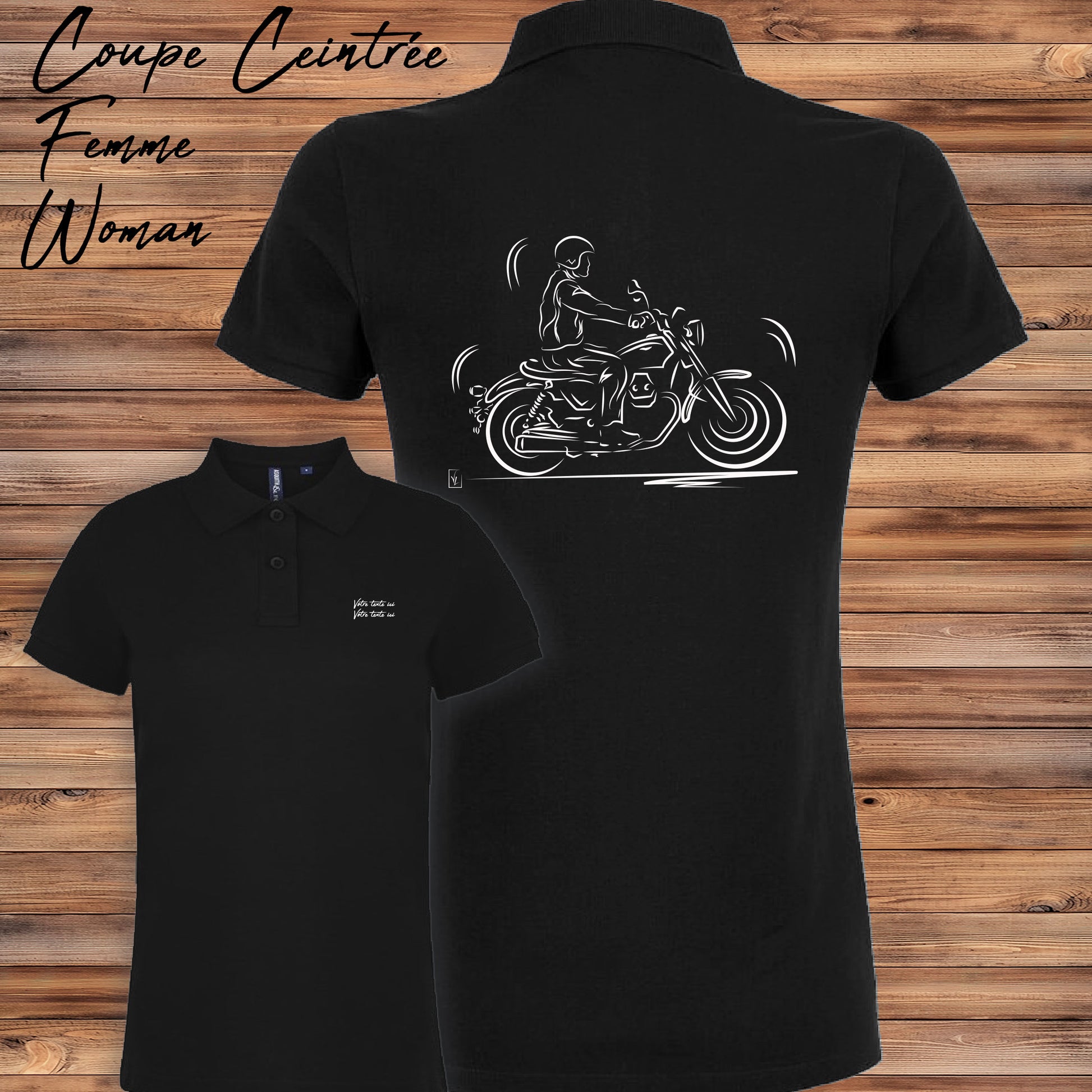 Polo Balade en Moto noir femme personnalisable - Graphisme road trip moto - Coupe ajustée polycoton
