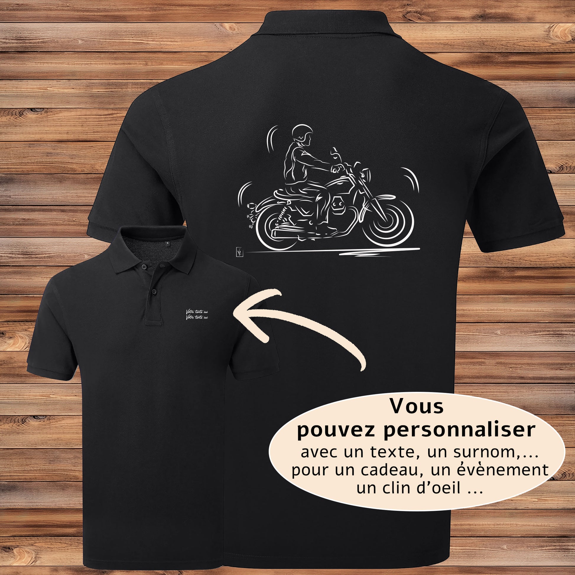 Polo Balade en Moto noir homme personnalisable - Graphisme road trip moto - Coupe ajustée polycoton
