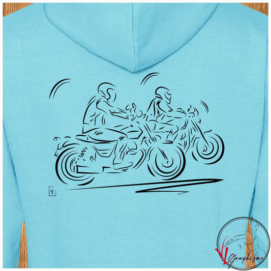 Graphisme d'un duo de motards sur sweat de Virginie Linard ©