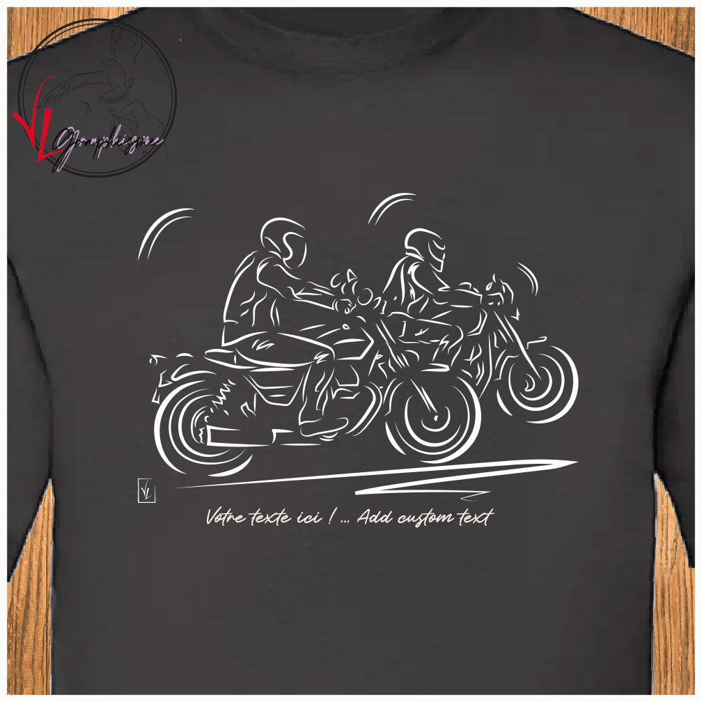 Graphisme duo de moto sur tshirt noir à personnaliser de Virginie Linard ©