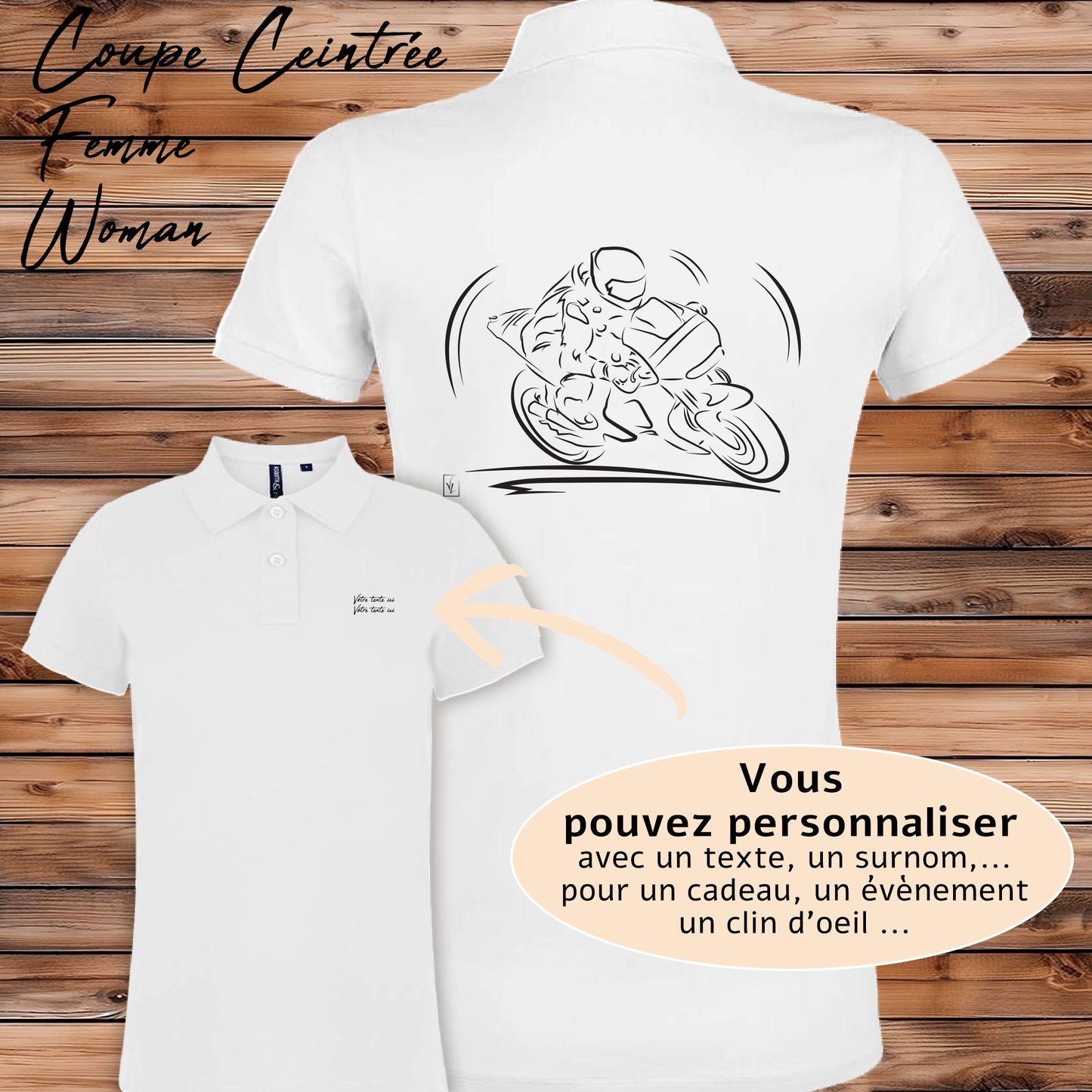 Polo Course Moto blanc femme personnalisable - Graphisme exclusif moto - Coupe ajustée polycoton 200g/m²