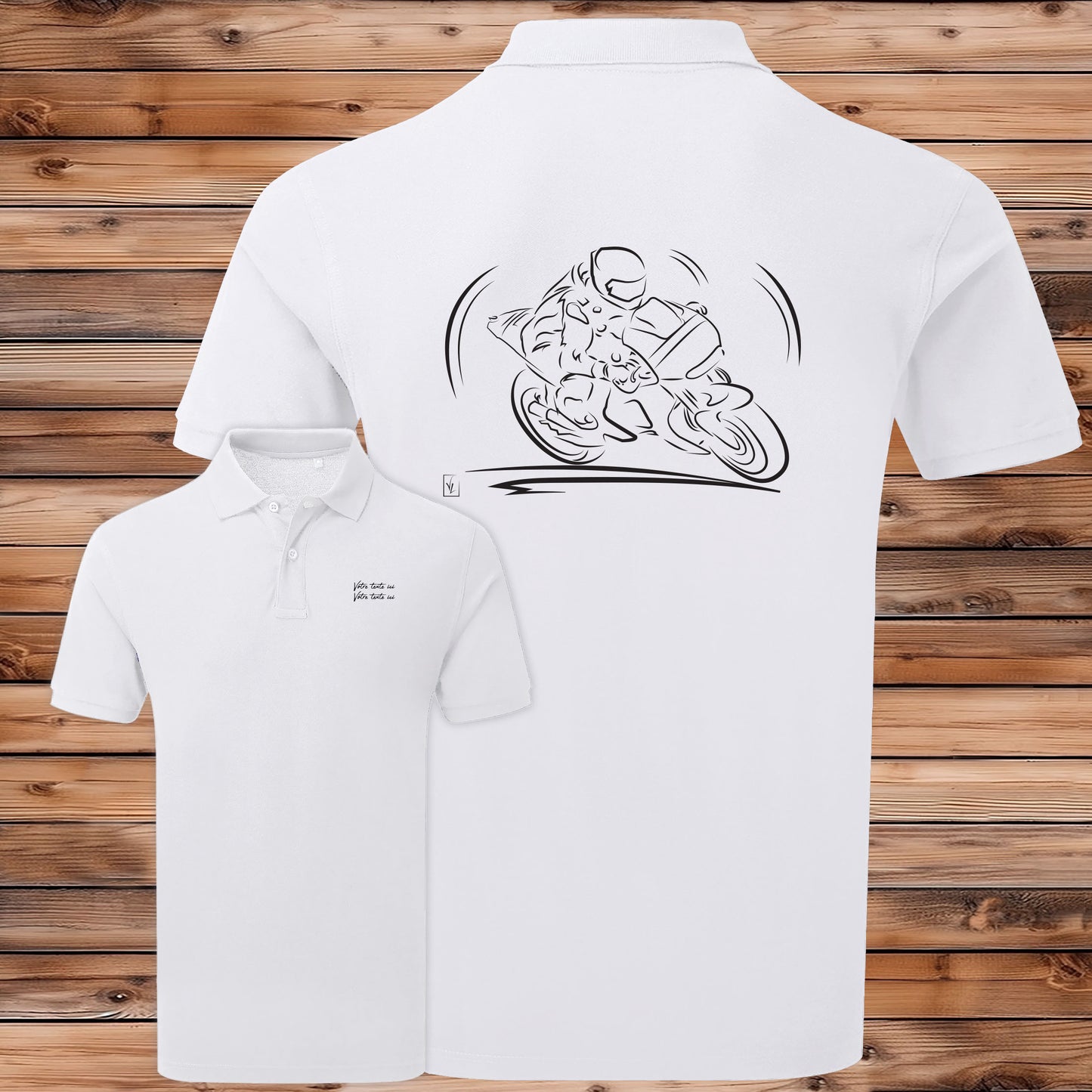 Polo Course Moto blanc homme personnalisable - Design exclusif Virginie Linard - Polycoton confort