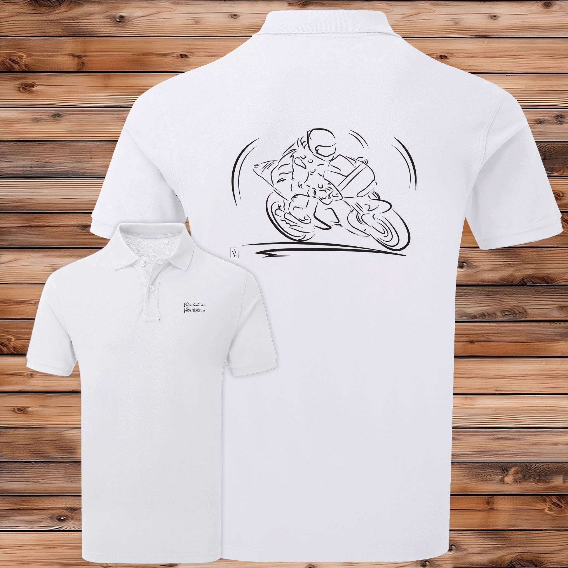 Polo Course Moto blanc homme personnalisable - Design exclusif Virginie Linard - Polycoton confort