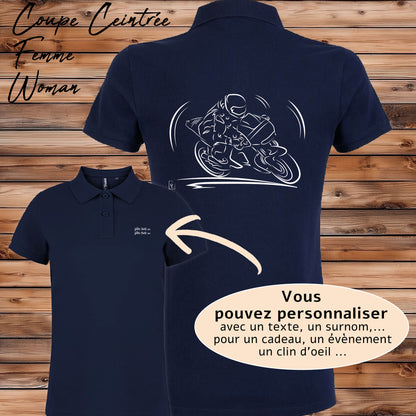Polo Course Moto bleu femme personnalisable - Design moto de course - Polycoton confort 200g/m²