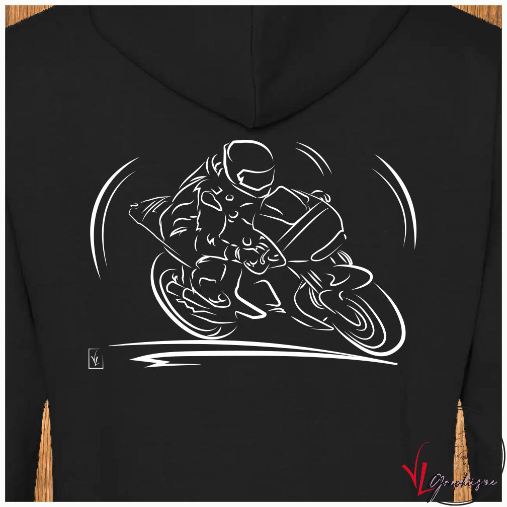 Moto de course en dessin sur sweat de Virginie Linard ©