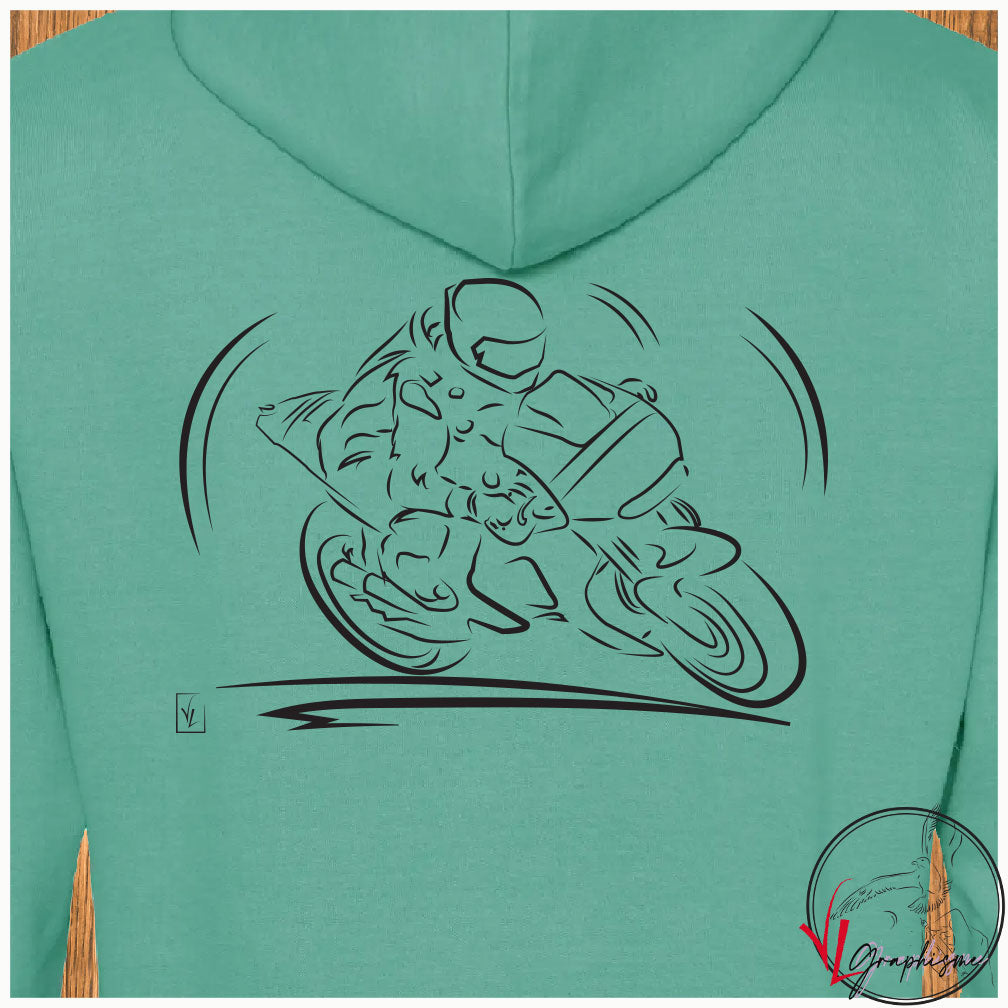 Moto de course en dessin sur sweat de Virginie Linard ©