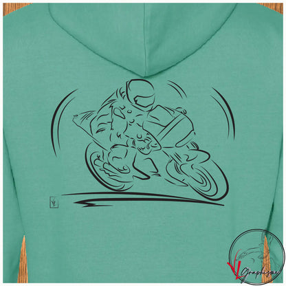 Moto de course en dessin sur sweat de Virginie Linard ©