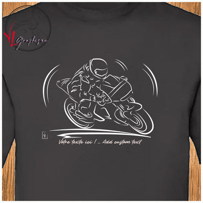 Graphisme d'une course de moto sur tshirt noir de Virginie Linard ©