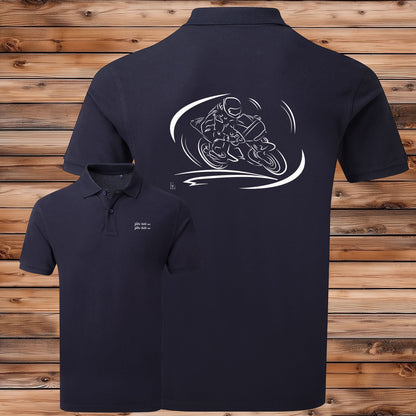 Polo Course Moto avec texte personnalisé - Exemple de personnalisation sous le graphisme
