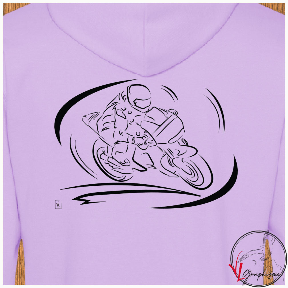 Graphisme d'une course de moto sur tshirt de Virginie Linard ©