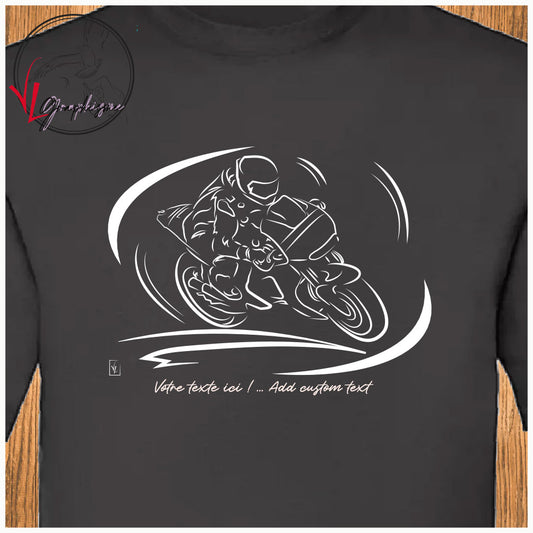 Graphisme d'une course de moto sur tshirt noir de Virginie Linard ©