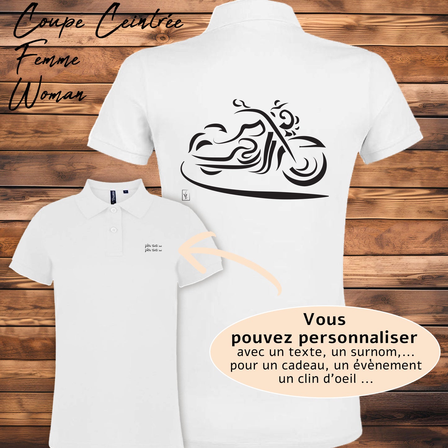 Polo blanc femme moto design - Cadeau personnalisable avec votre texte

