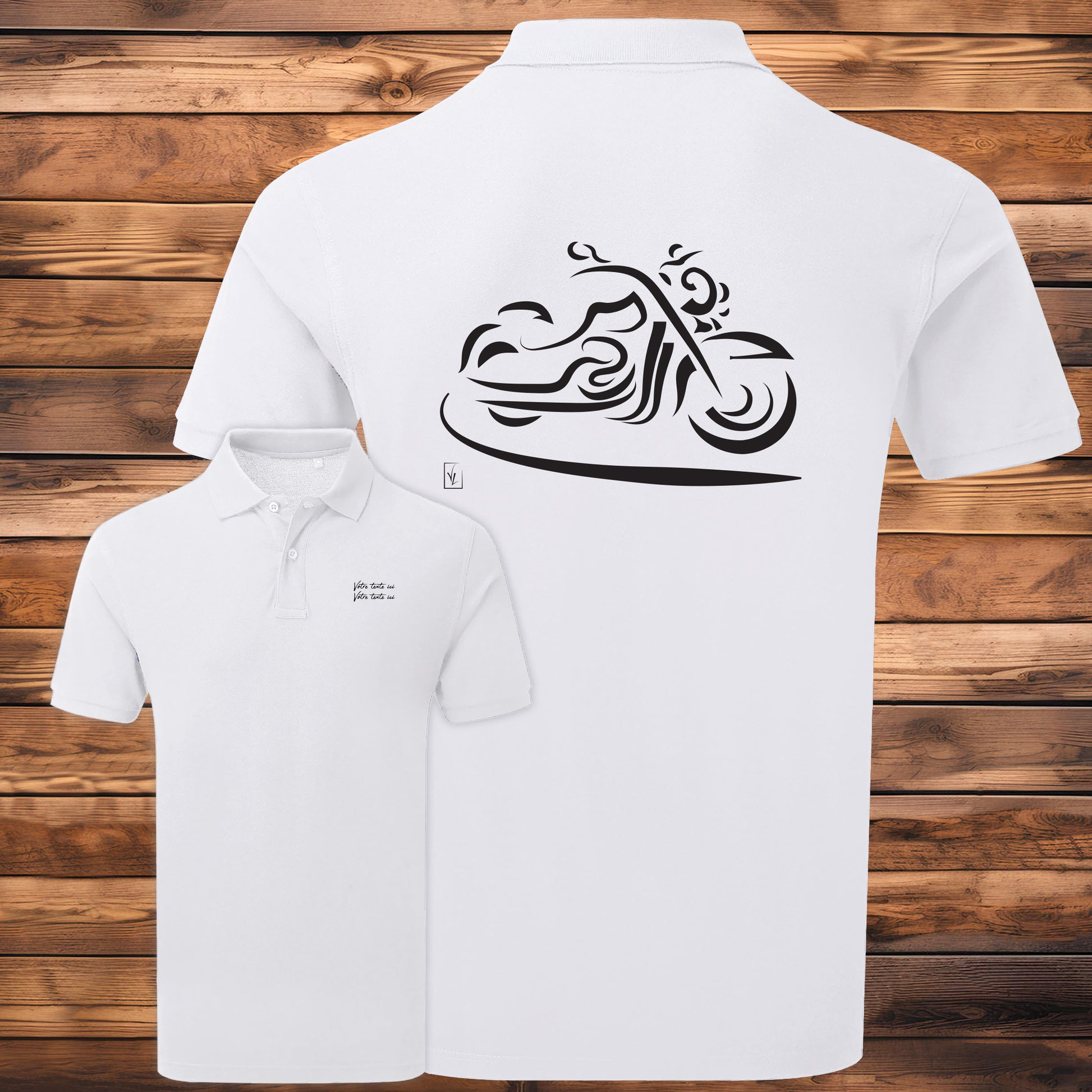 Polo blanc homme moto design personnalisable - Graphisme dos, texte côté cœur


