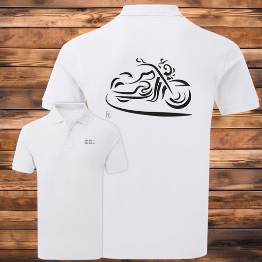 Polo Moto Design blanc homme personnalisable - Graphisme exclusif Virginie Linard
