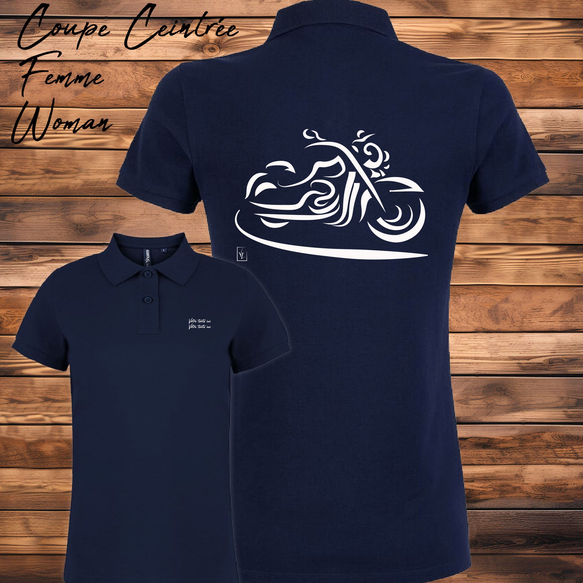 Polo bleu femme moto design personnalisable -  Idée cadeau original passionnées moto


