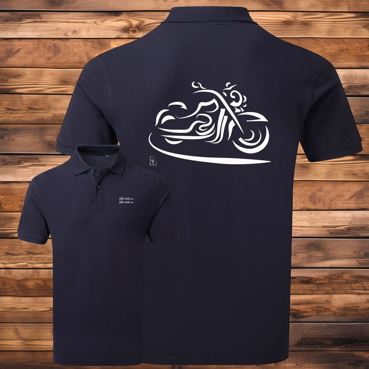 Polo bleu homme moto design personnalisable - Design exclusif Virginie Linard

