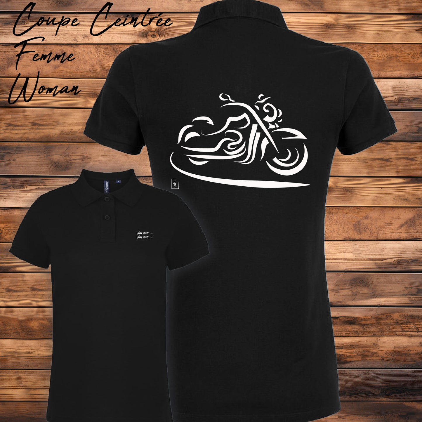 Polo noir femme moto design personnalisable - Graphisme dos, texte côté cœur

