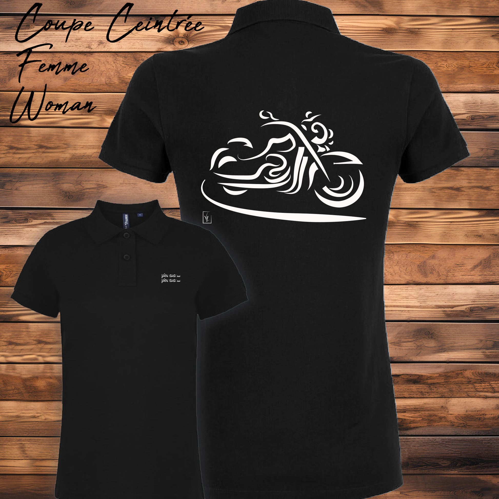 Polo noir femme moto design personnalisable - Graphisme dos, texte côté cœur

