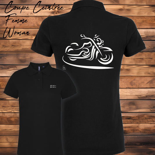 Polo noir femme moto design personnalisable - Graphisme dos, texte côté cœur

