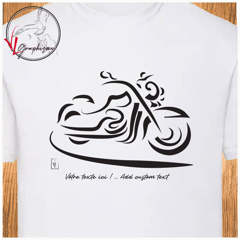 Graphisme d'une moto sur tshirt blanc de Virginie Linard ©