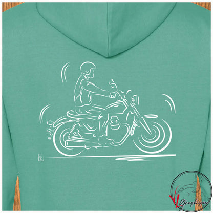 balade en moto graphisme sur sweat vert printemps à personnaliser de Virginie Linard ©