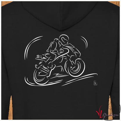 Graphisme sur sweat noir vitesse en moto création de Virginie Linard ©