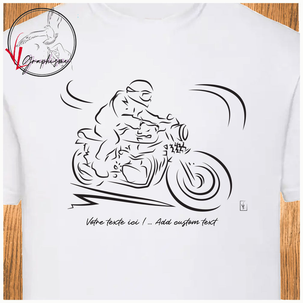 Graphisme d'un motard sur ancienne moto sur tshirt à personnaliser de Virginie Linard ©