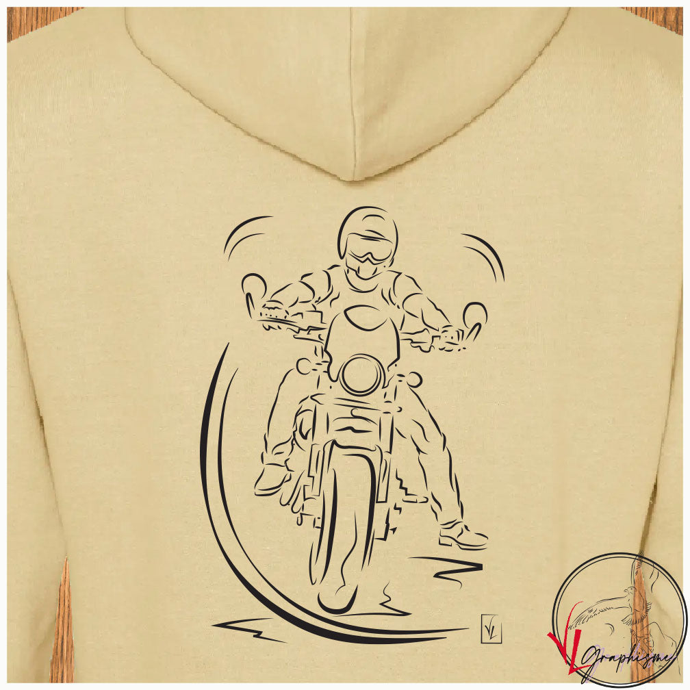 Graphisme la pause du motard sur sweat beige de Virginie Linard ©