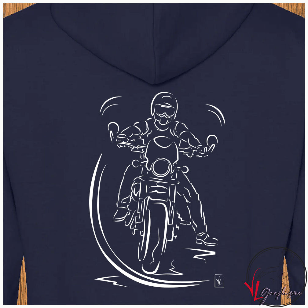 Graphisme la pause du motard sur sweat bleu foncé de Virginie Linard ©