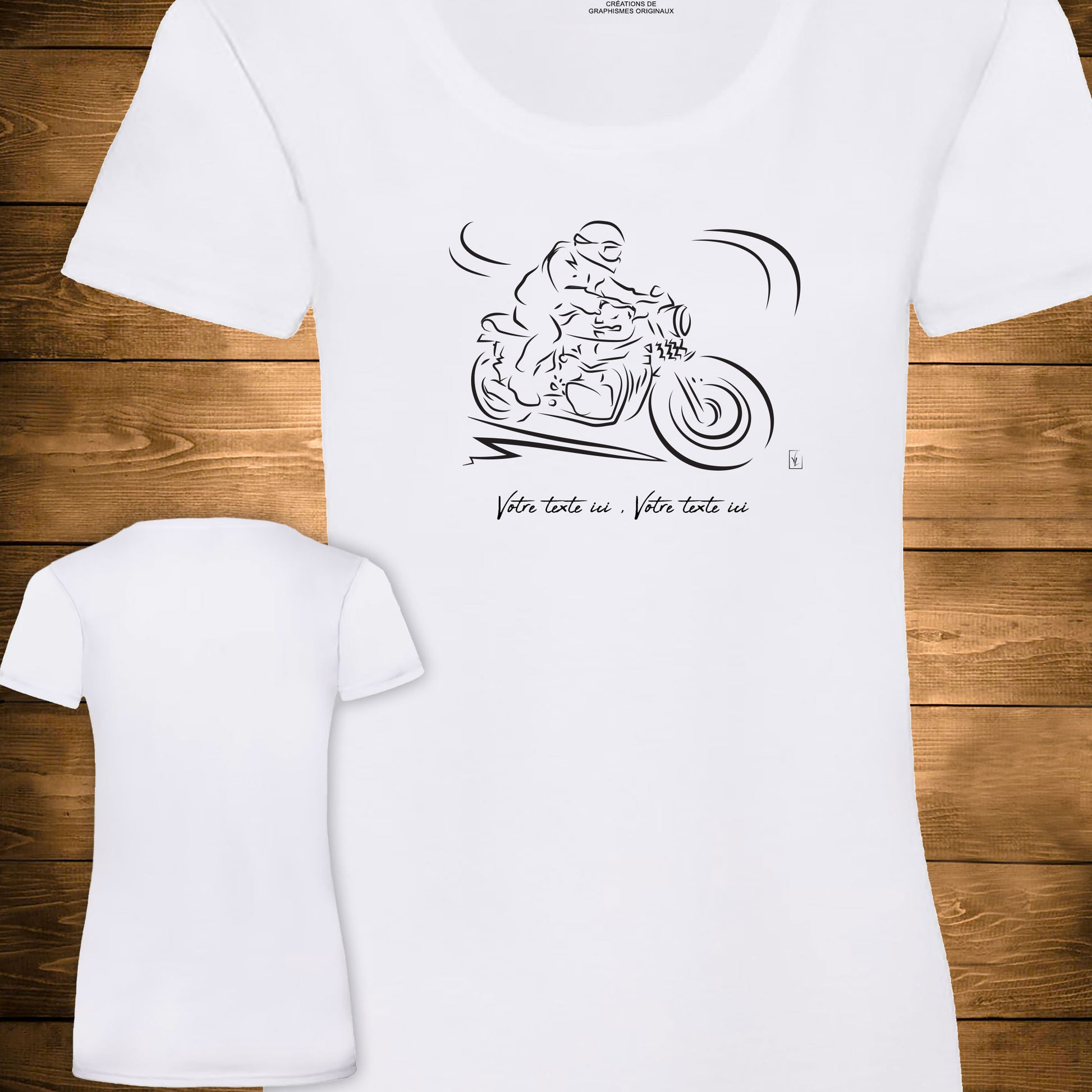 Graphisme motard moto sur t-shirt blanc femme à personnaliser avec un texte. Création Virginie Linard©.