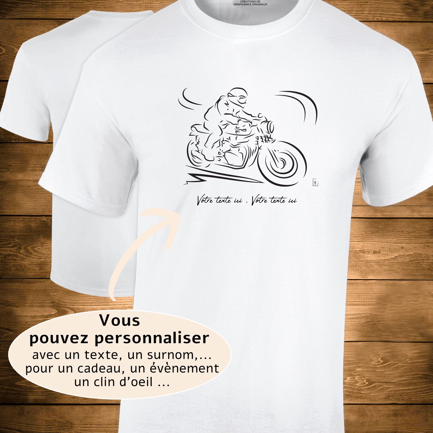 Graphisme motard moto sur t-shirt blanc homme à personnaliser avec un texte. Création Virginie Linard©.