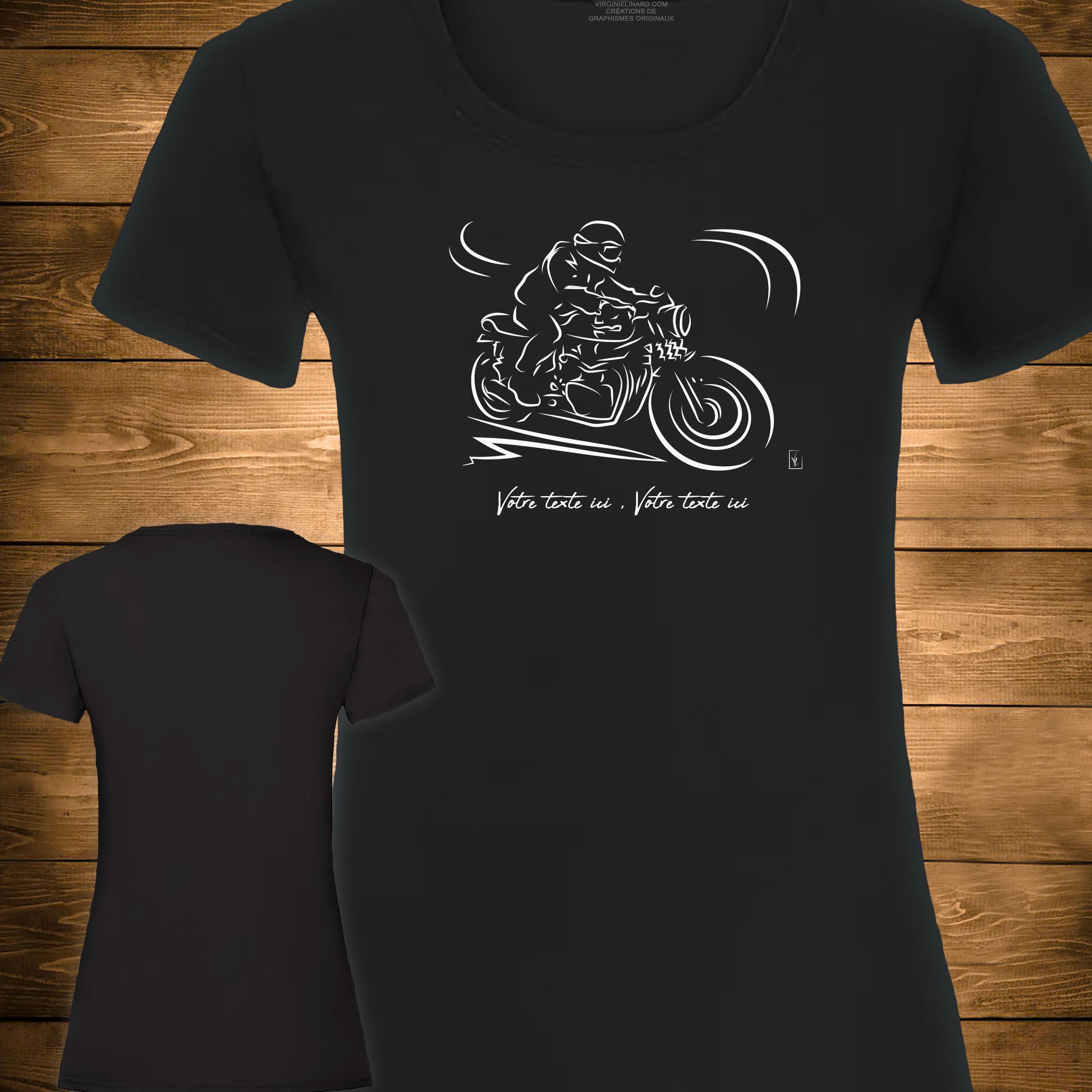 Graphisme motard moto sur t-shirt noir femme à personnaliser avec un texte. Création Virginie Linard©.
