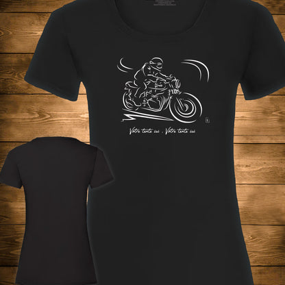Graphisme motard moto sur t-shirt noir femme à personnaliser avec un texte. Création Virginie Linard©.
