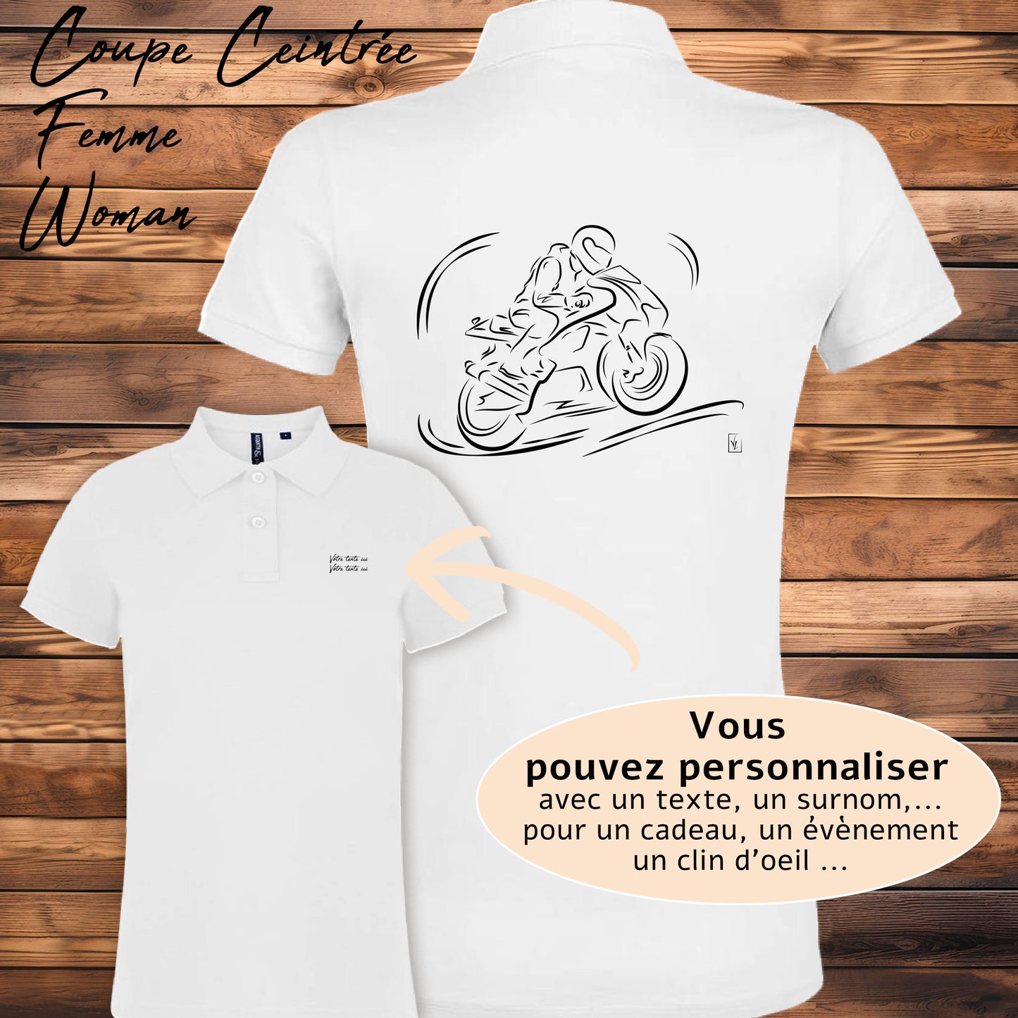 Polo Femme Blanc Vitesse en Moto - Design motarde - Cadeau idéal passionnée vitesse
