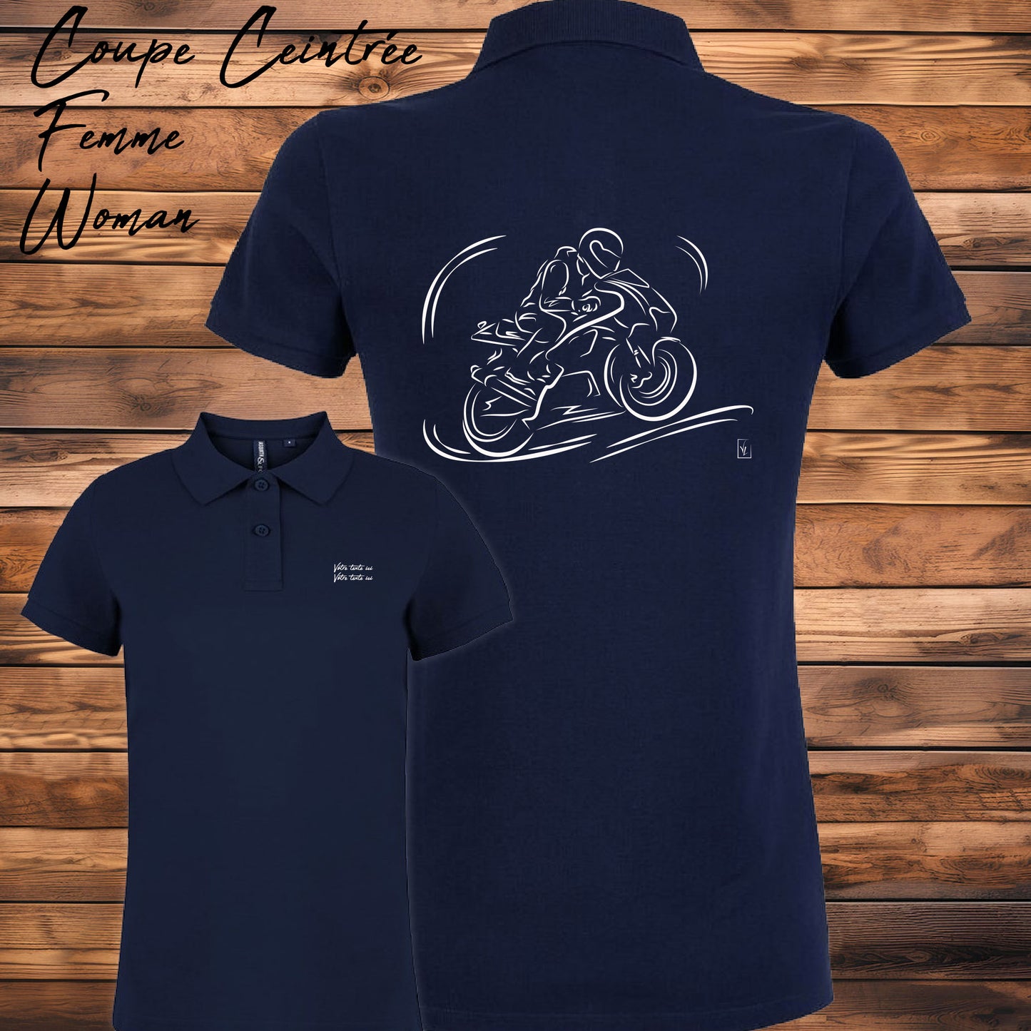 Polo Femme Bleu Vitesse en Moto - Graphisme motarde sportive - Cadeau personnalisable
