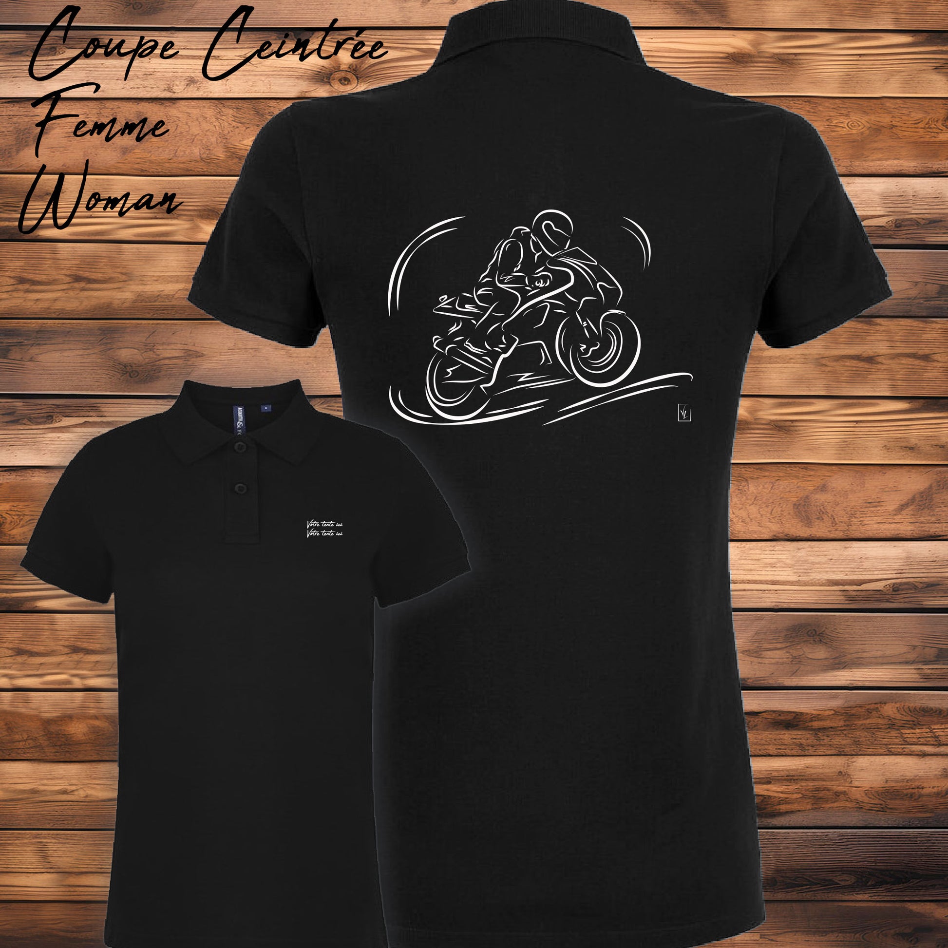 Polo Femme Noir Vitesse en Moto - Graphisme motarde - Cadeau personnalisable passionnée moto

