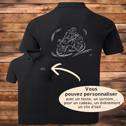 Polo Moto Vitesse noir homme personnalisable - Graphisme exclusif Virginie Linard
