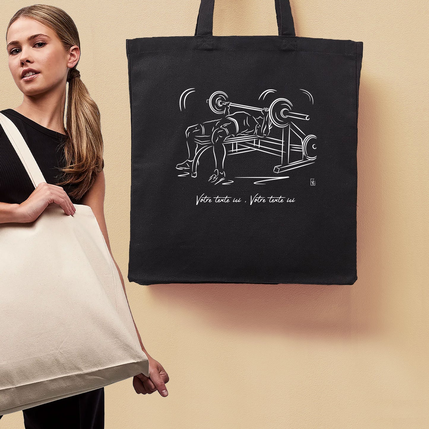 Graphisme randonnée trekking sur Sac tote-bag noir. A personnaliser avec un texte. Création Virginie Linard ©.