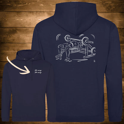 Graphisme musculation haltères sur sweat couleur navy à personnaliser avec un texte. Création Virginie Linard ©.