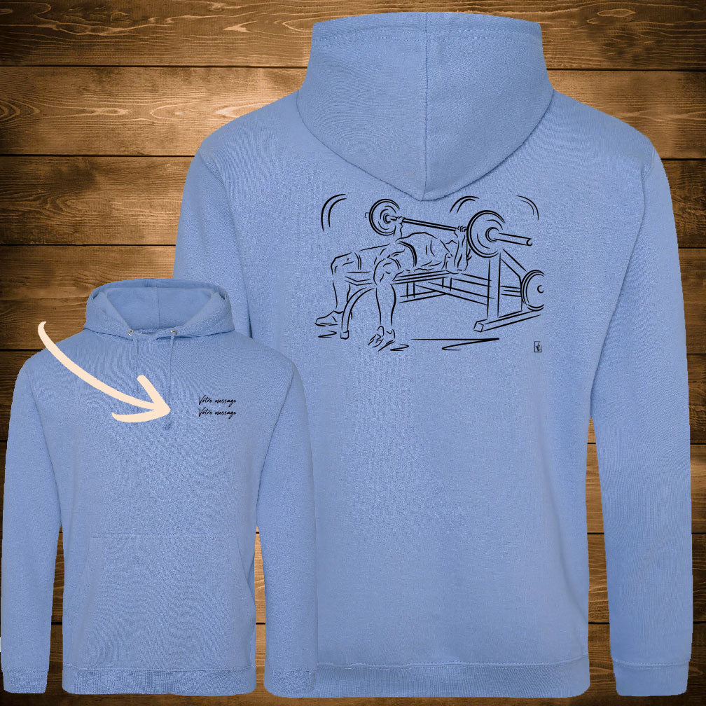 Graphisme musculation haltères sur sweat couleur bleuet à personnaliser avec un texte. Création Virginie Linard ©.
